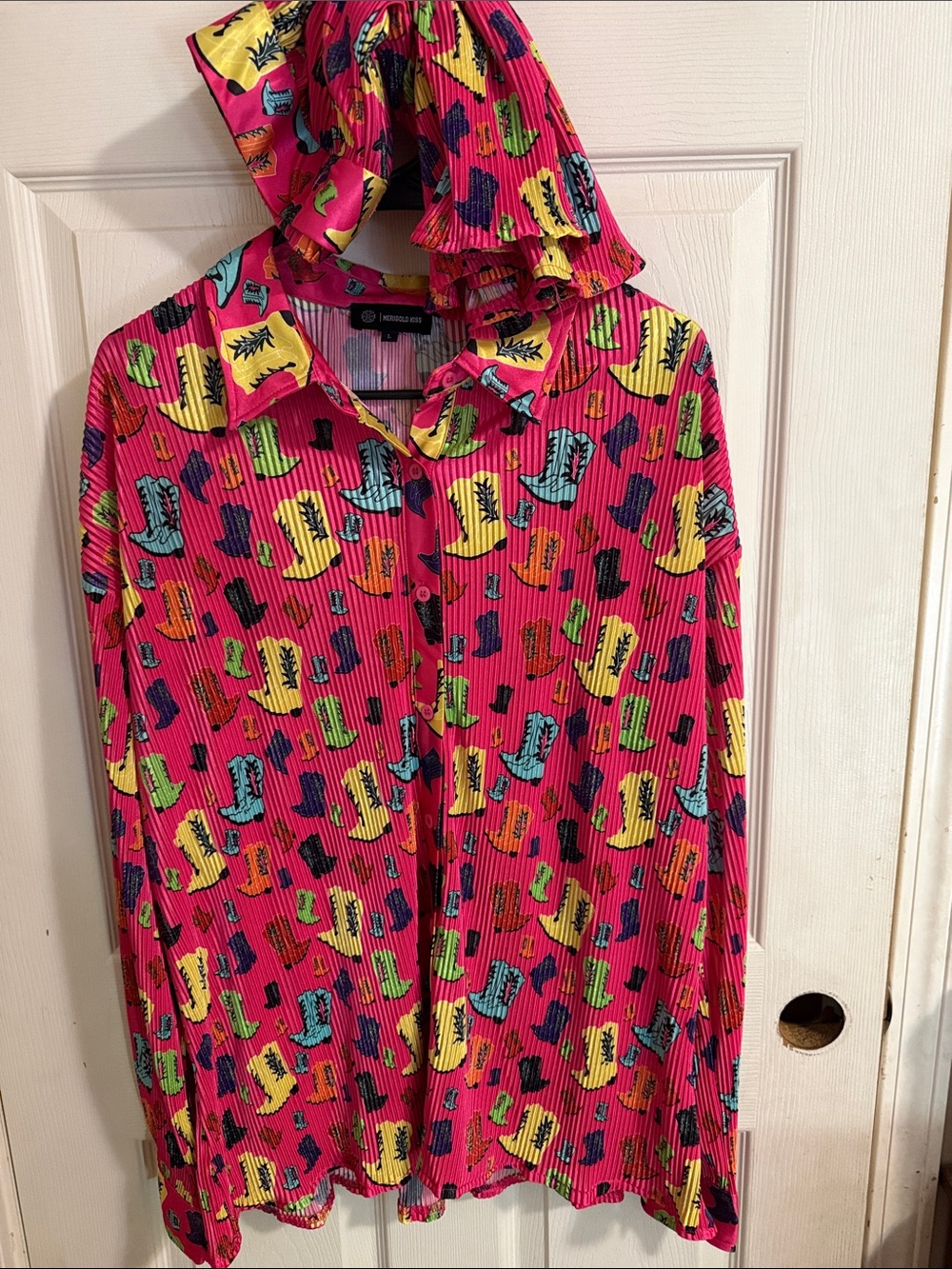 Bright Pink Button-Down set with Multicolor Cowboy Boot Print